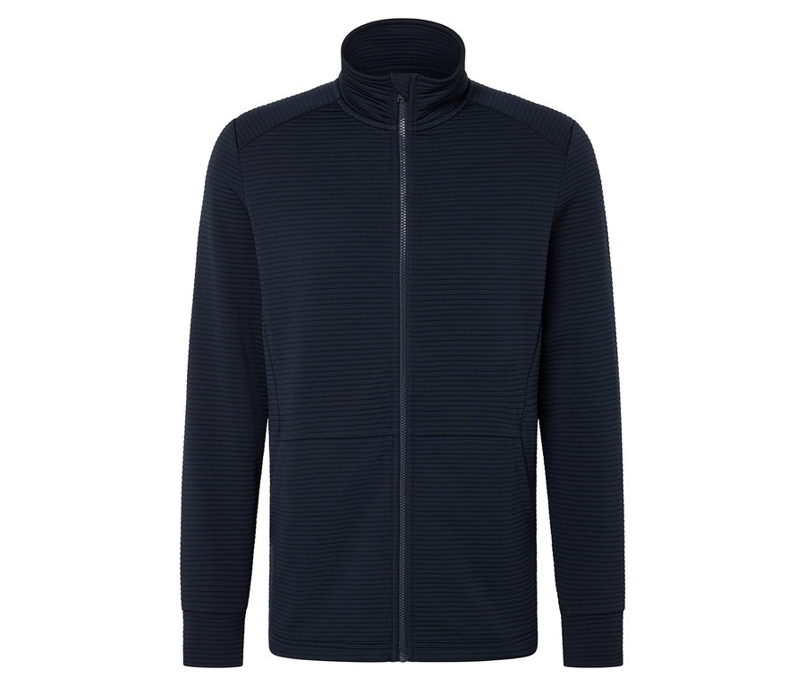 Tmavomodrá pletená bunda so zipsom po celej dĺžke a vysokým golierom.