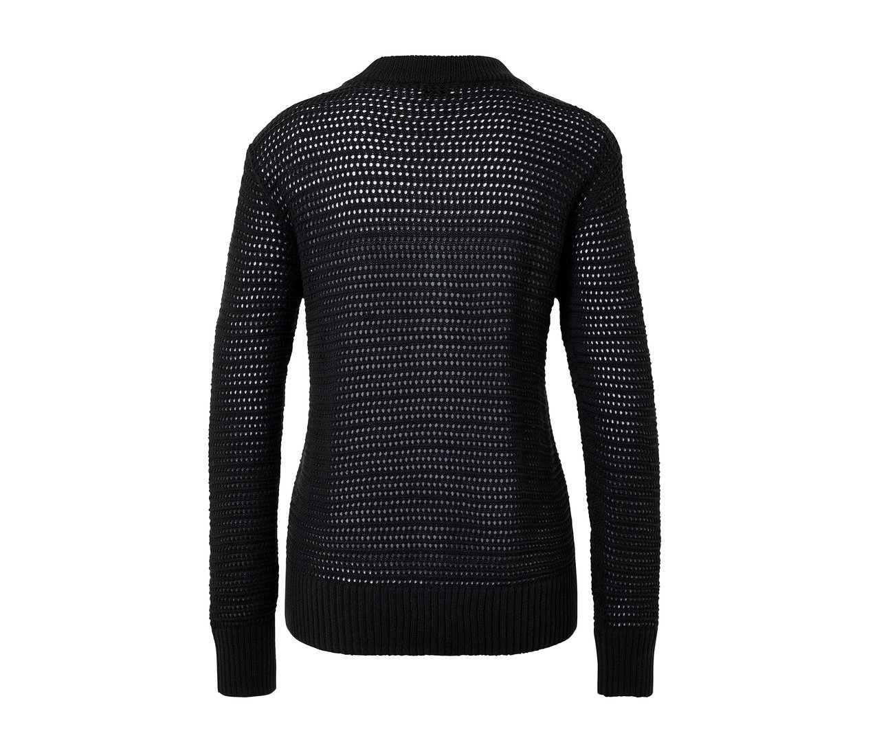 Detail čierneho kardigánu s úpletom pointelle zozadu.