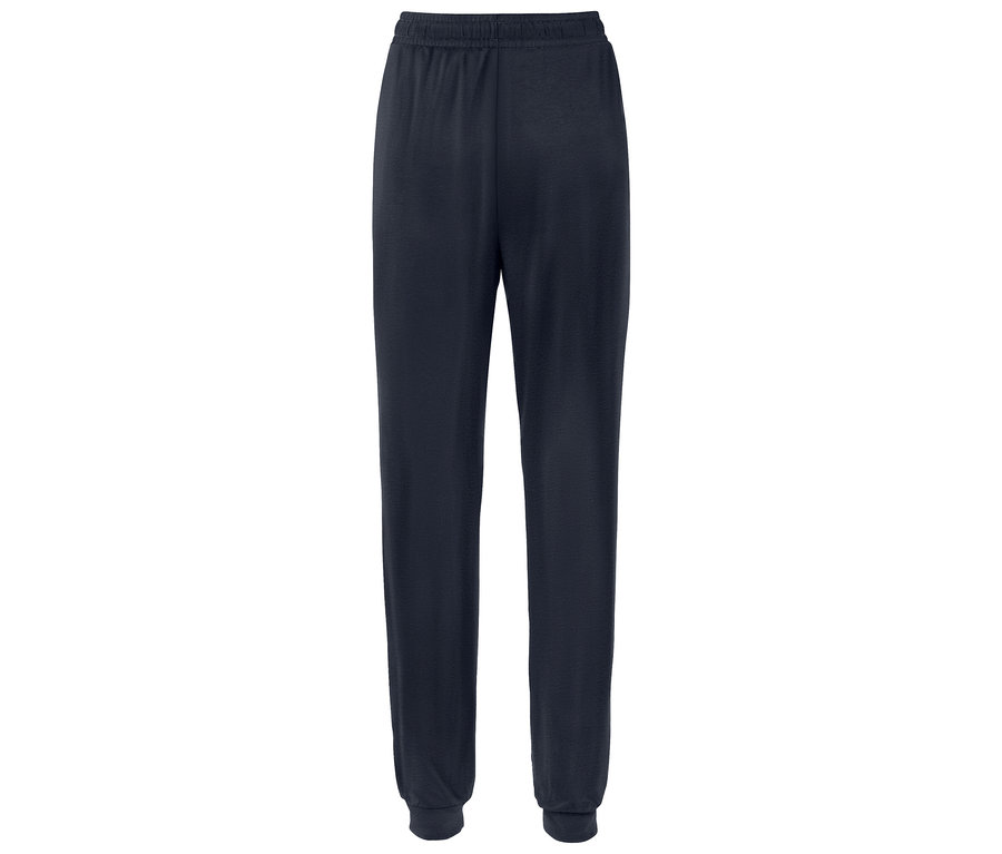 Tmavo modré tepláky s elastickým pásom a manžetami.