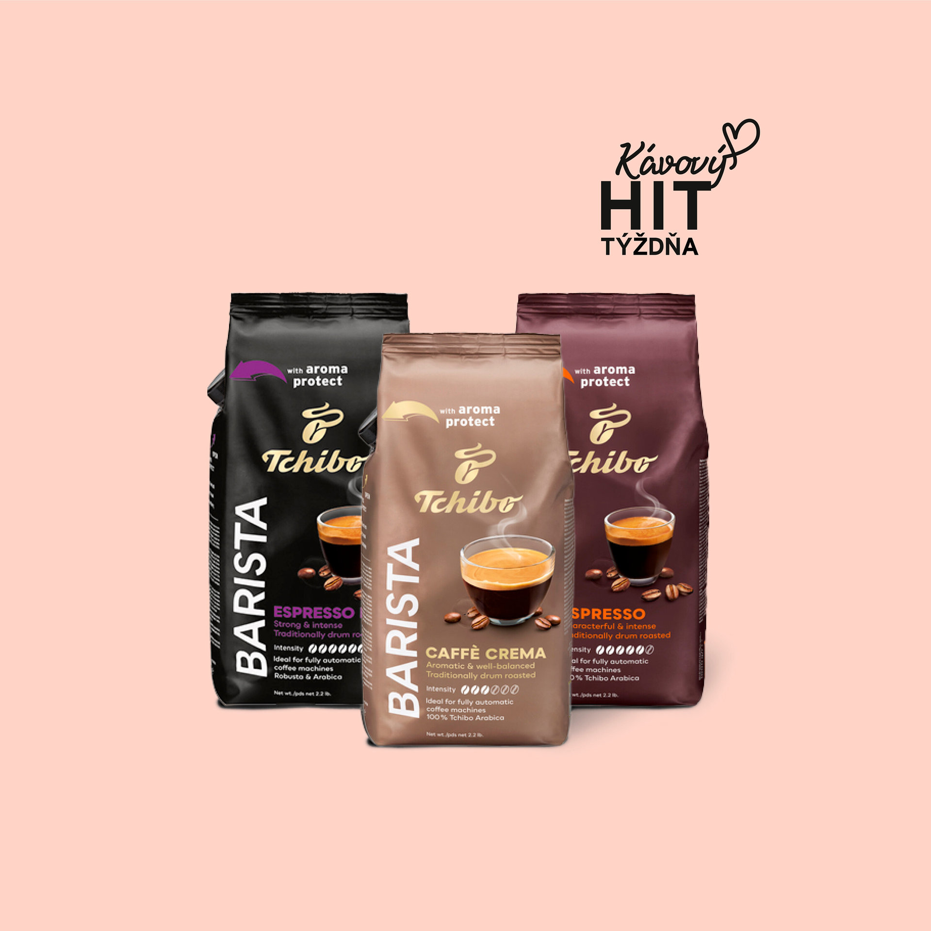Tri balenia kávy Tchibo Barista, Espresso, Caffe Crema a Spresso, stoja vedľa seba.