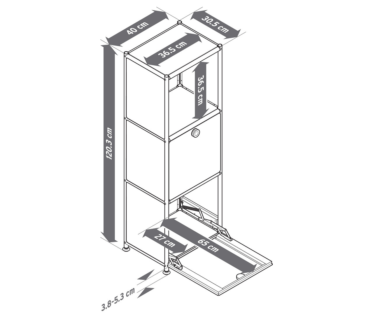 Pohľad zhora na kovovú komodu »CN3 Slim Line« s dvomi výklopnými priehradkami, pričom spodná priehradka je otvorená a obsahuje rozmery v cm.