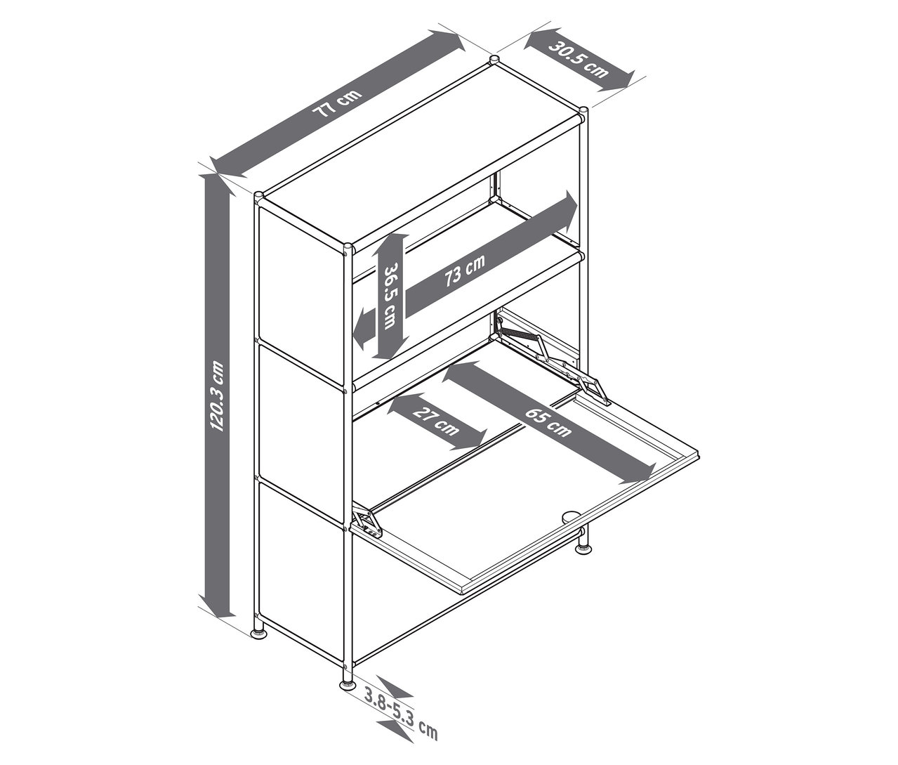 Ilustrácia kovovej komody »CN3 Slim Line« s 2 výklopnými priečinkami v hnedosivej, bielej a svetlosivej farbe s rozmermi.