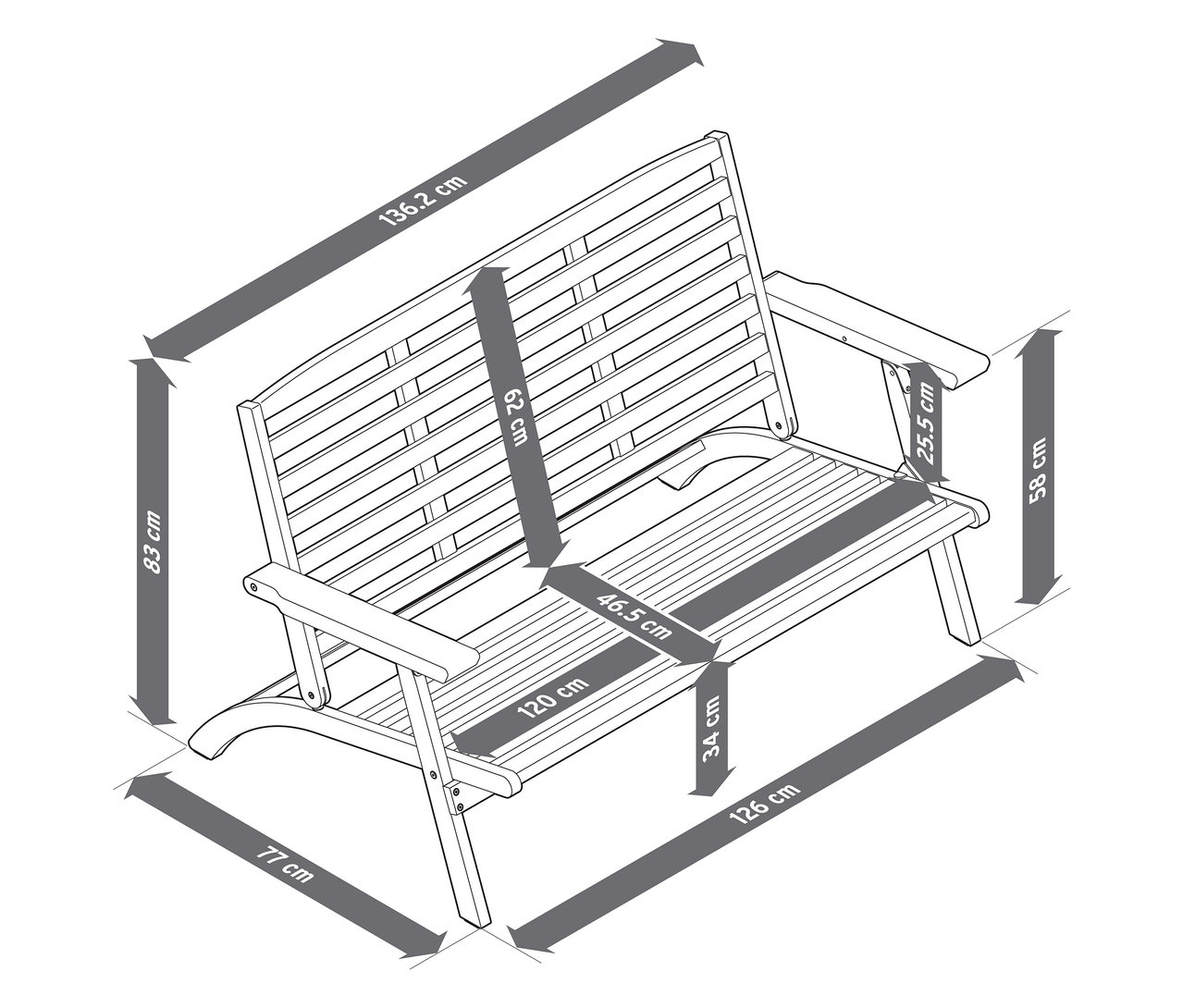 Pohľad zhora na rozmery skladacej 4-dielnej záhradnej súpravy s prémiovými vankúšmi.