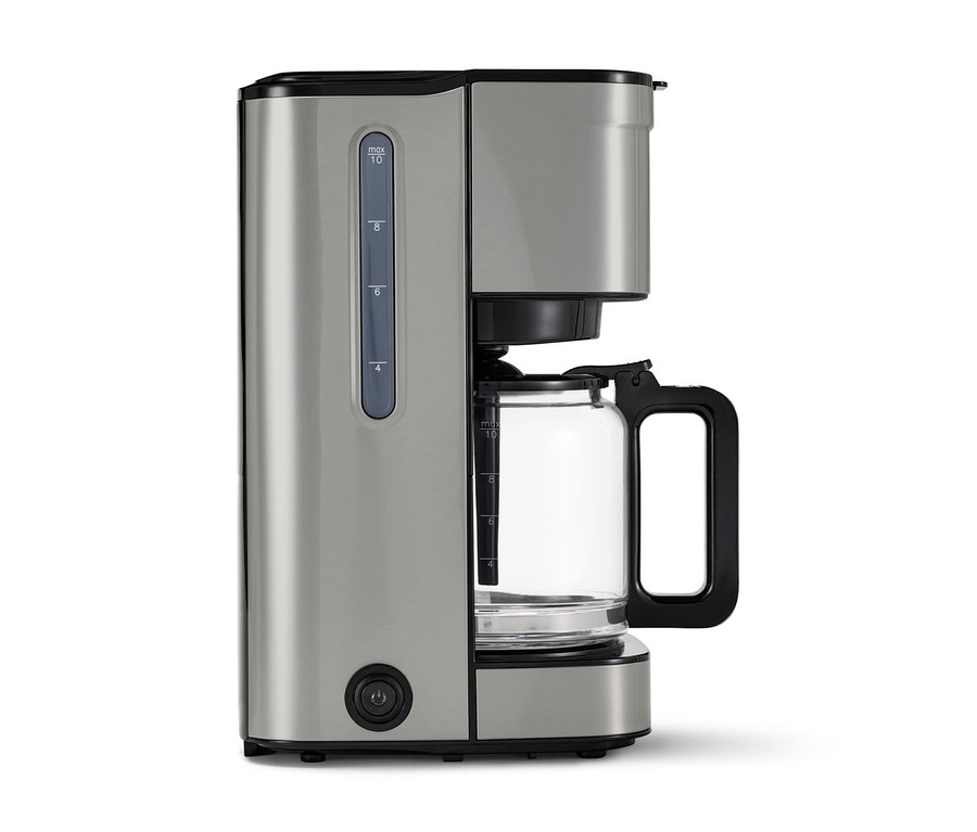 »Let's Brew« kávovar na prekvapkávanú kávu, strieborný. Kávovar má sklenenú kanvicu.