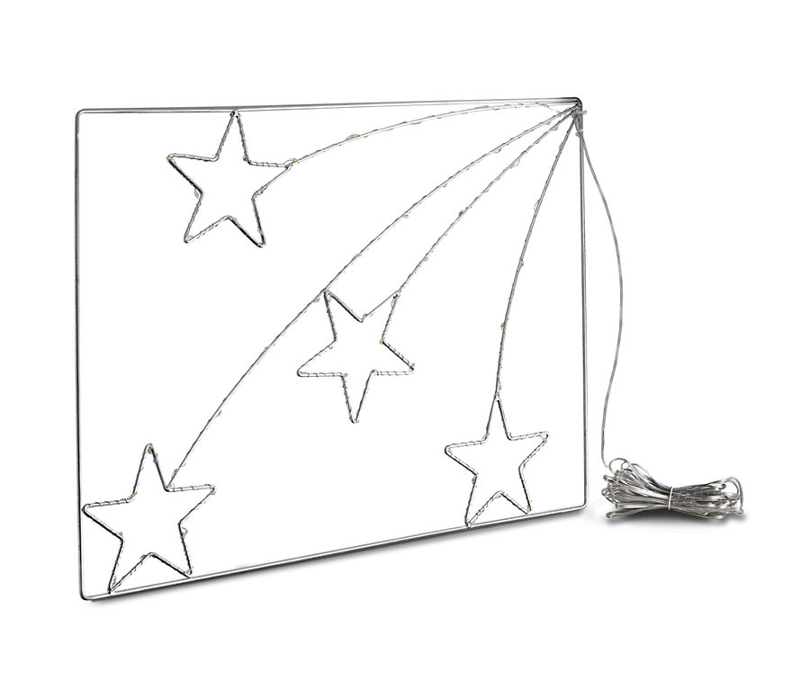 Obrázok do okna s LED s motívom padajúcich hviezd. Celkovo sú tam tri Obrázky do okna s LED.