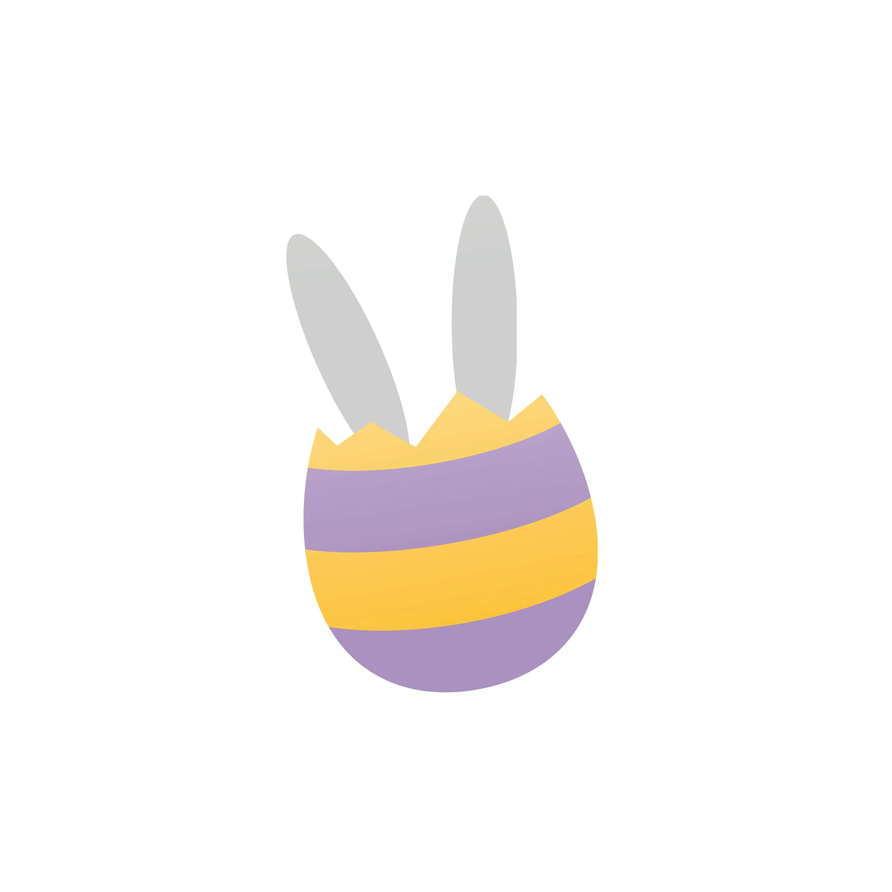 Rozbité veľkonočné vajíčko s fialovými a žltými pruhmi a zajačími ušami.