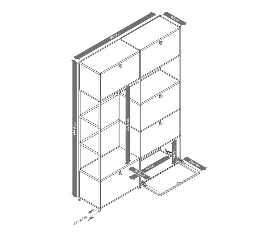 Nákres kovového skriňového systému »CN3« v čiernej, sivej a bielej farbe s rozmermi.