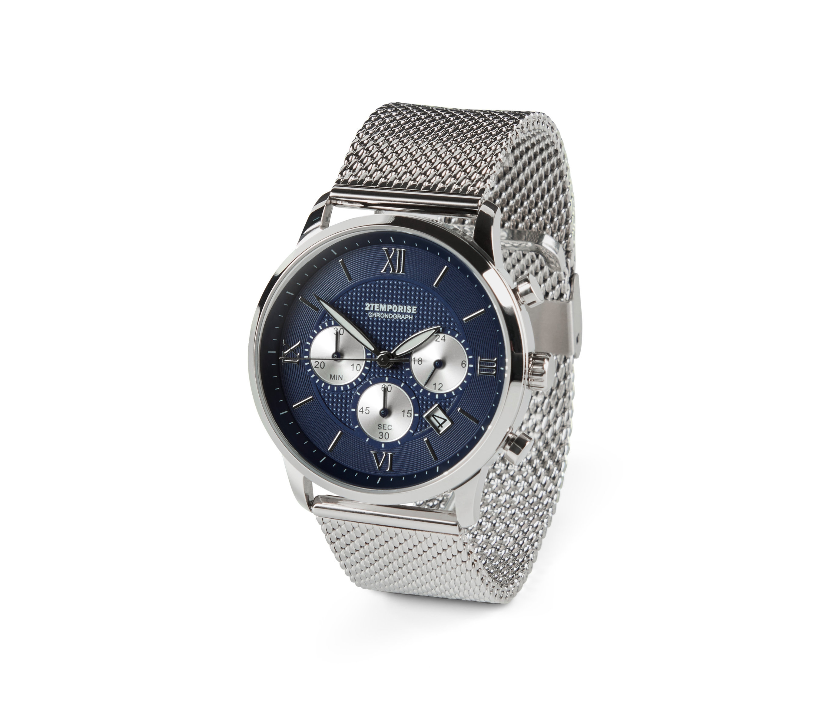 Detail strieborných pánskych quartzových hodiniek s modrým ciferníkom.