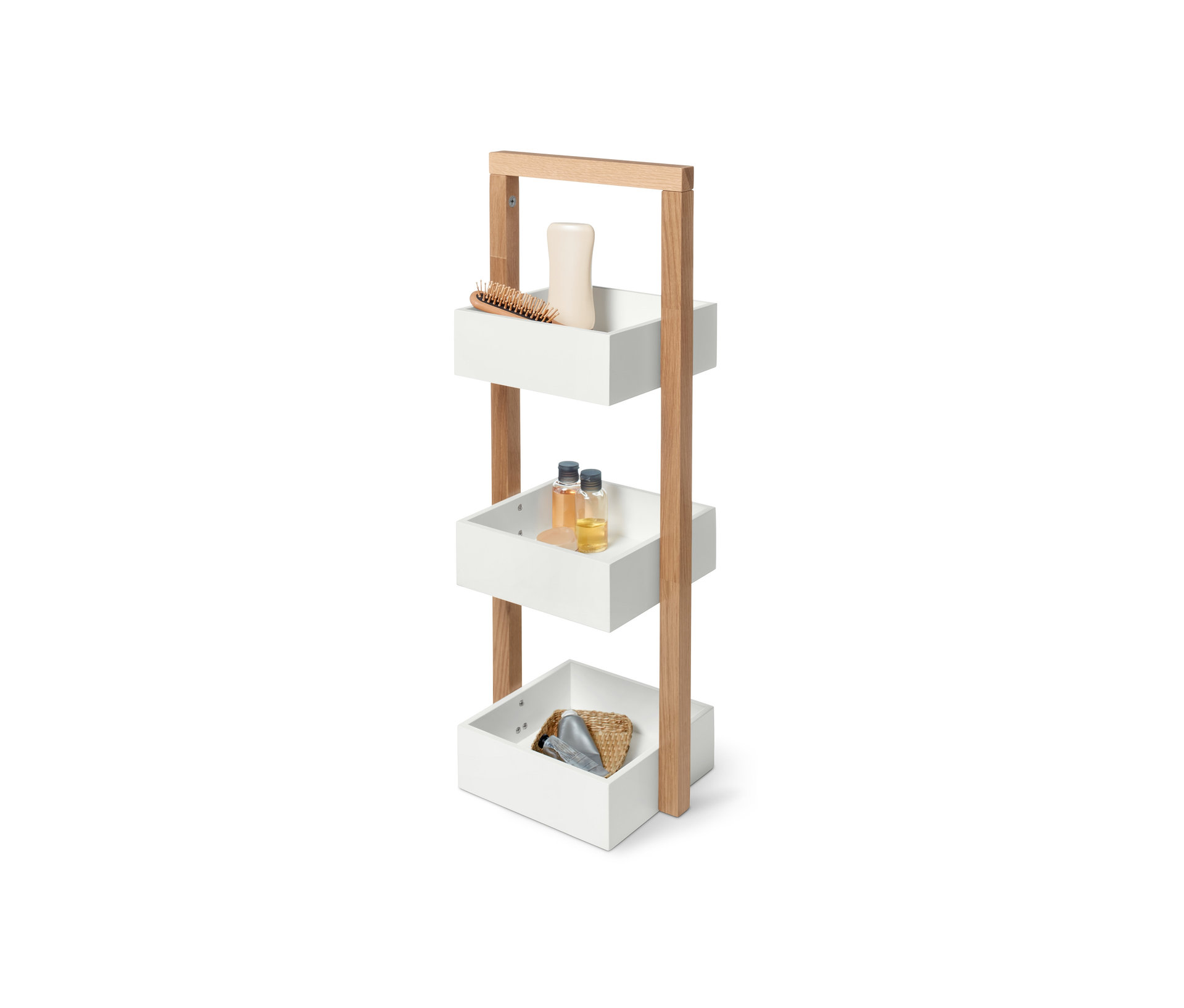 E-shop Stojací regál s 3 úložnými boxmi, biely