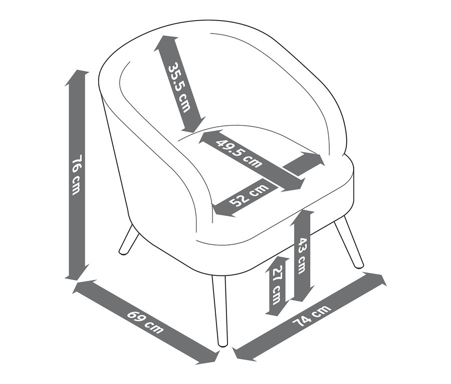 Nákres kresla z buklé s drevenými nožičkami s rozmermi.