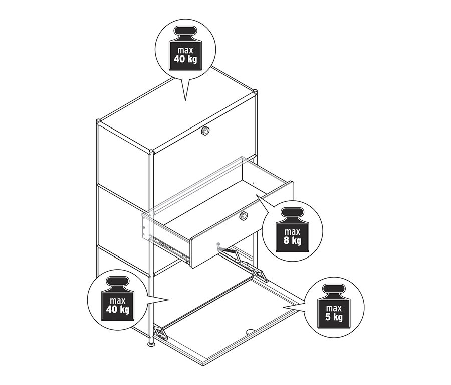 Čiernobiela schéma kovovej komody »CN3« s dvomi výklopnými priečinkami a dvomi zásuvkami, pričom jedna zásuvka je otvorená.