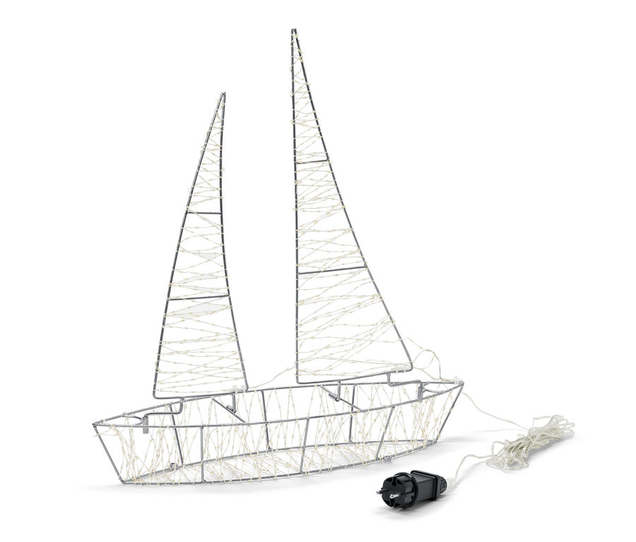 Strieborná 3D LED vonkajšia loď s napájacím káblom na bielom pozadí.