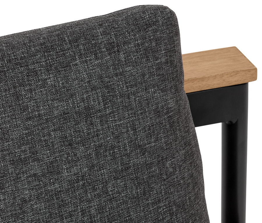 Detail sivého jedálenského lavicového ležadla 2 v 1 »Elin« s drevenou lakťovou opierkou a čiernou kovovou nohou.