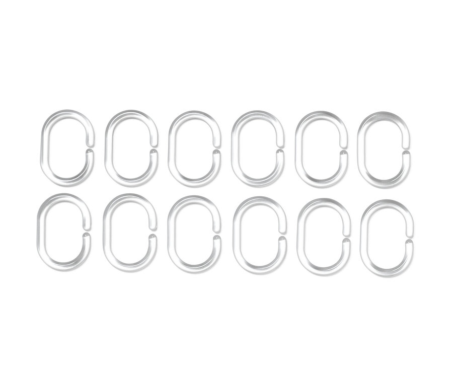 Desať priehľadných plastových krúžkov na sprchový záves, usporiadaných do dvoch radov.