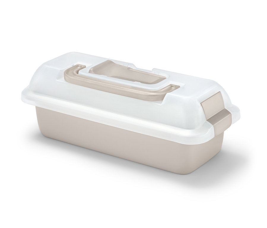 Hranatá forma na pečenie s vekom béžovej a bielej farby.