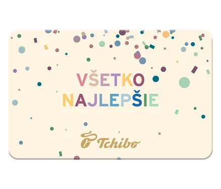 Darčeková karta s nápisom VŠETKO NAJLEPŠIE a logom Tchibo, zdobená konfetami.