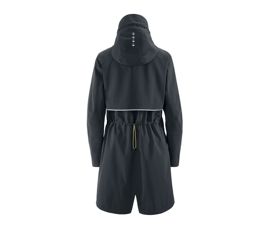 Tmavosivá funkčná parka do dažďa zozadu. Bunda má kapucňu, sťahovaciu šnúrku v páse a biely reflexný pásik.