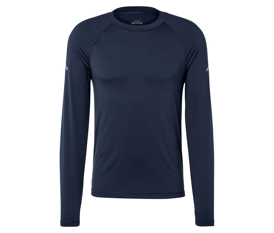 Tmavomodré tričko s dlhým rukávom.