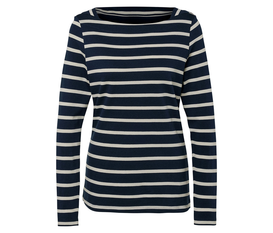 Modro-biele pruhované tričko s dlhým rukávom.
