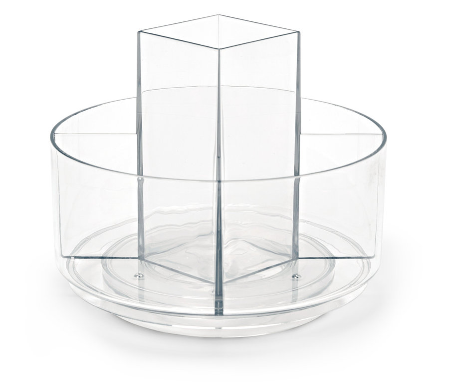 Priehľadný otočný organizér s niekoľkými priehradkami.