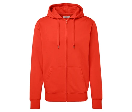 Oranžová mikina s kapucňou na zips.
