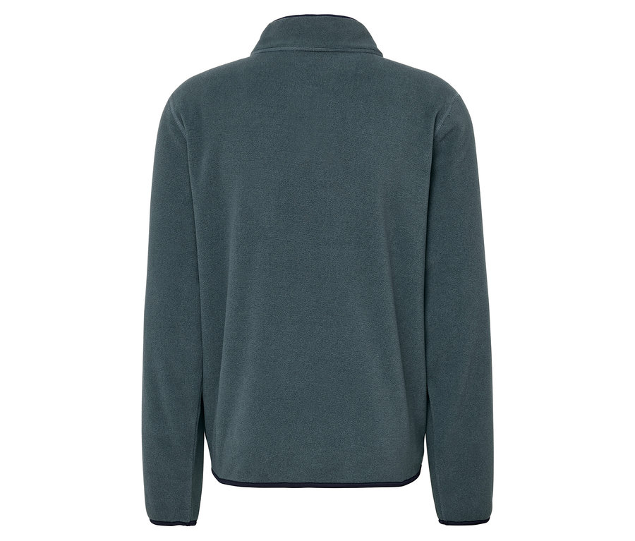 Pohľad zozadu na tmavosivú fleecovú mikinu na zips.