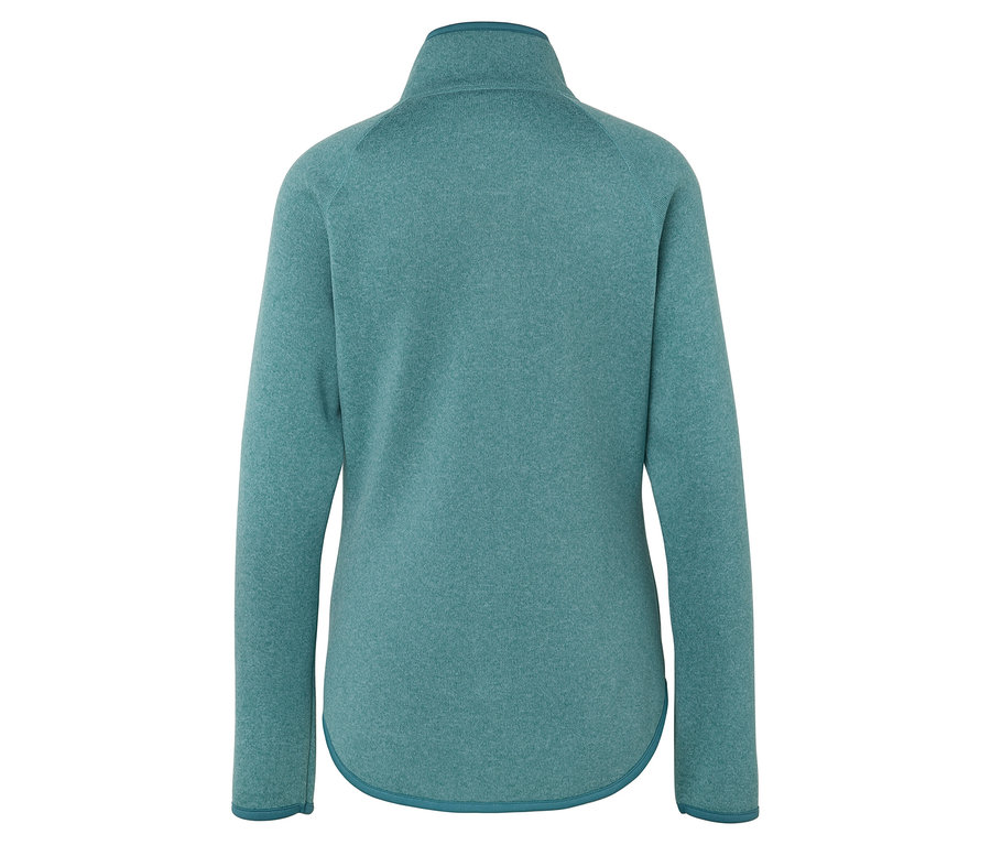 Pohľad zozadu na tyrkysovú flísovú mikinu s dlhým rukávom a zipsom.