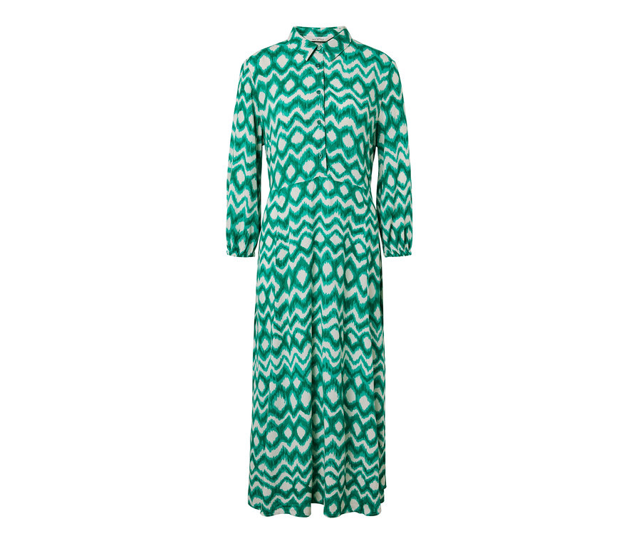 Zelené a biele vzorované košeľové blúzkové šaty.