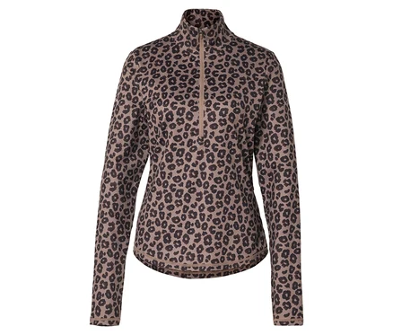 Hnedé športové termotričko s polovičným zipsom a leopardím vzorom.