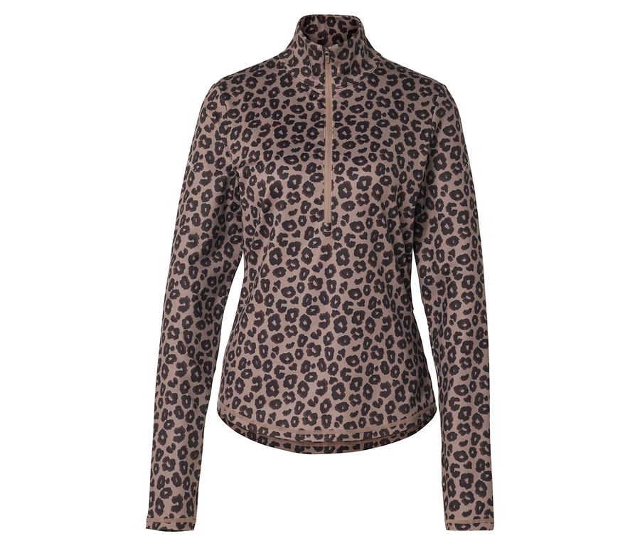 Hnedé športové termotričko s polovičným zipsom a leopardím vzorom.