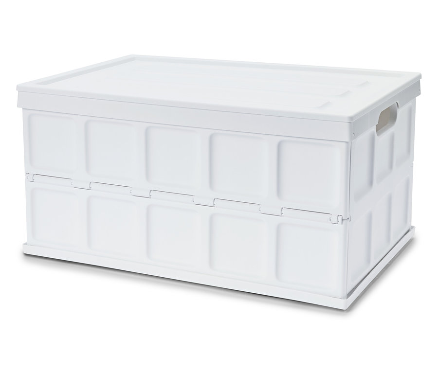 Na bielom pozadí stojí zatvorený biely skladací box s vekom.