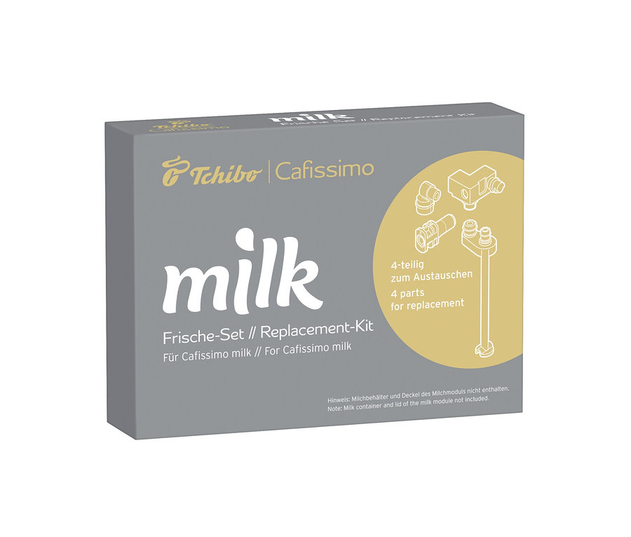 Balenie náhradnej súpravy do kávovaru Cafissimo milk sivej farby. Na obale je nápis milk a ilustrácia štyroch dielov.