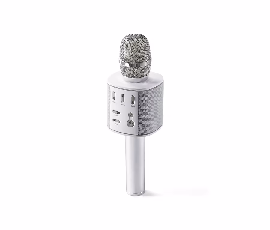 Strieborný Bluetooth® karaoke mikrofón na bielom pozadí.