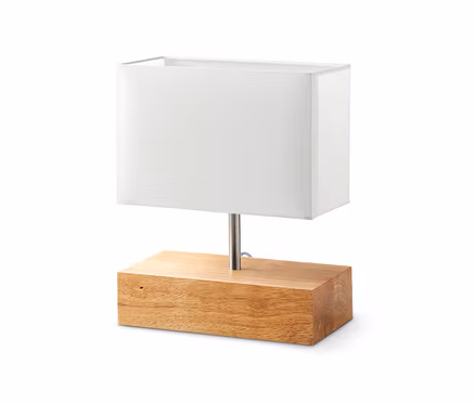 Stolná lampa s dreveným podstavcom a bielym obdĺžnikovým tienidlom.