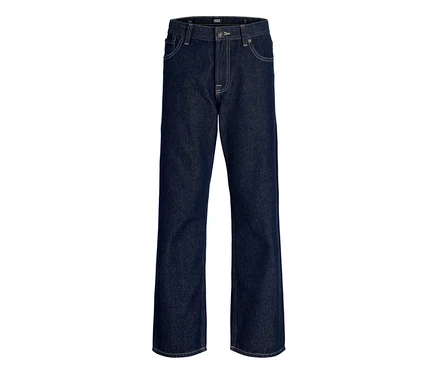 Tmavomodré džínsy Jack&Jones JJOriginal Chris so svetlým prešívaním, prednými a zadnými vreckami a zapínaním na gombík, položené naplocho.