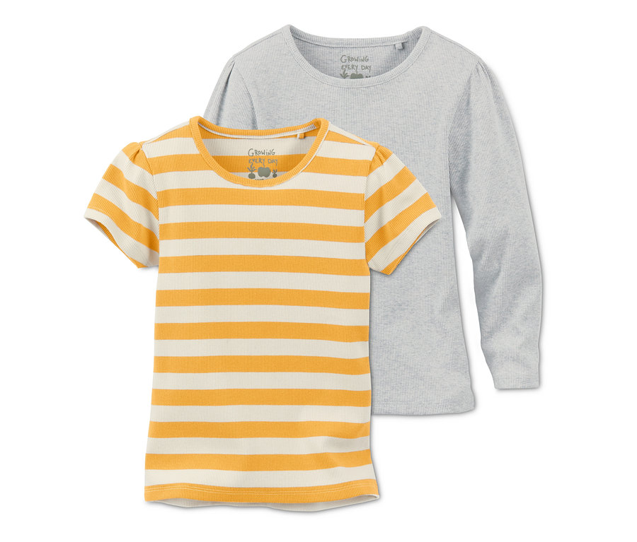 Dve rebrované tričká: žlté s bielymi pruhmi a sivé s dlhým rukávom.