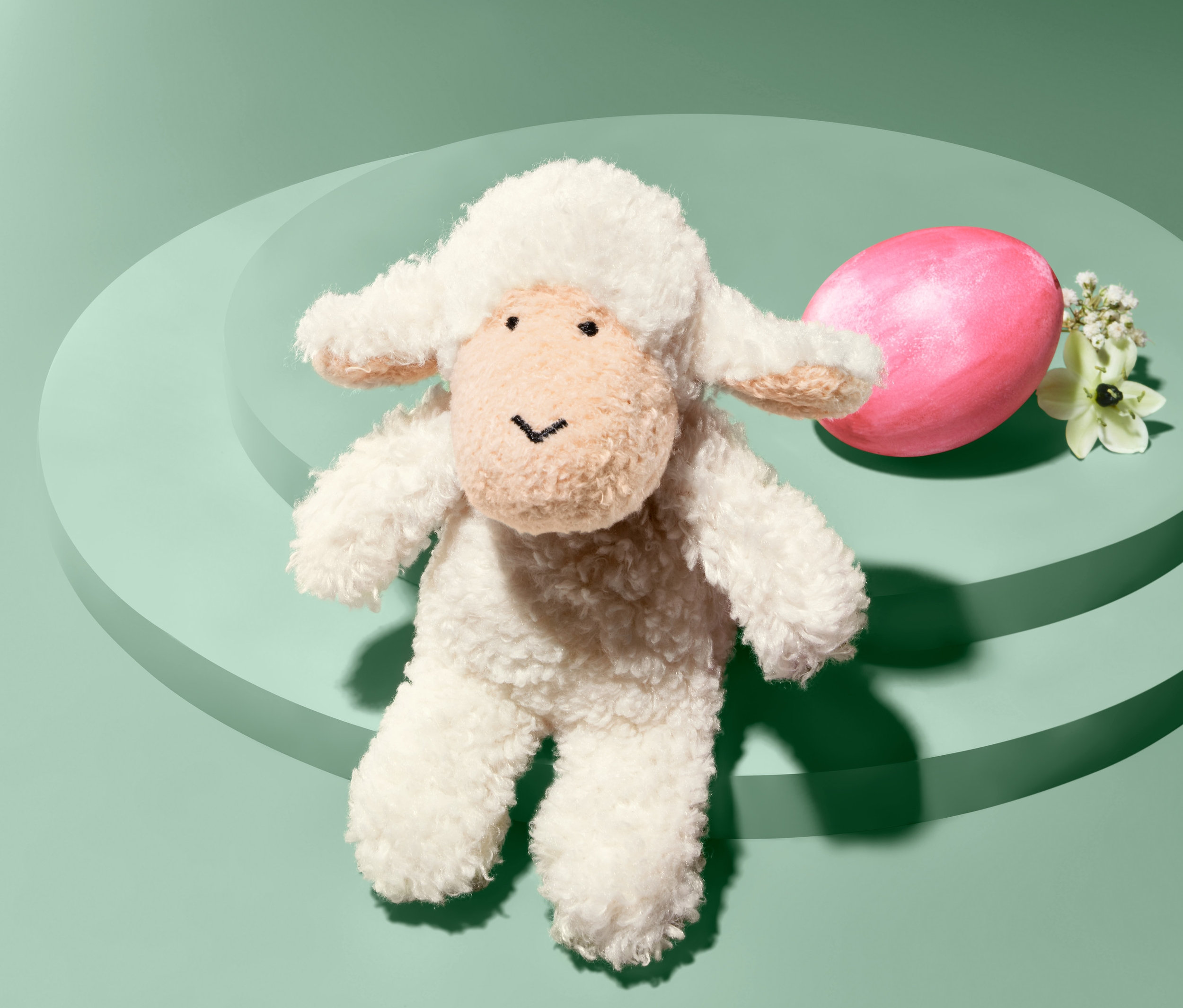 Plyšová ovečka so zvukom stojí vedľa ružového vajíčka a bielych kvetov.