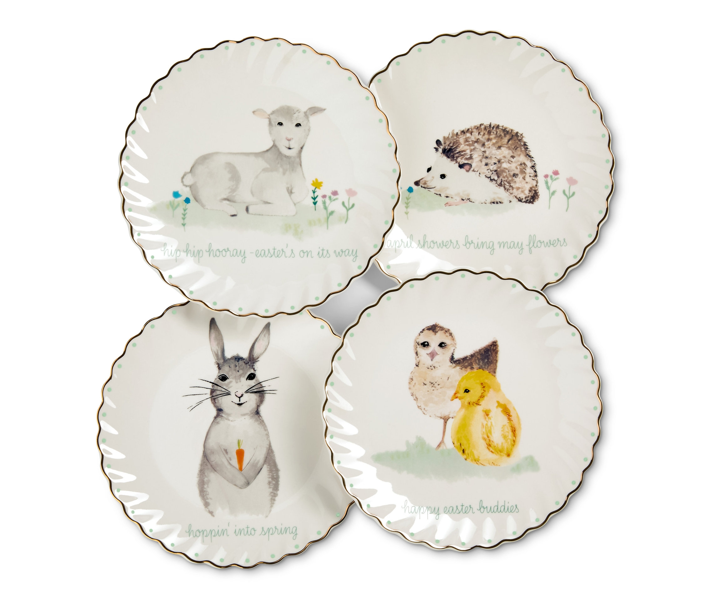 Štyri dezertné taniere s lesklým zlatým dekorom a obrázkami jahniatka, zajaca, kuriatok a ježka.