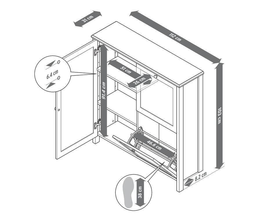 Otvorená skrinka na topánky s vyklápacími priehradkami a rozmermi.