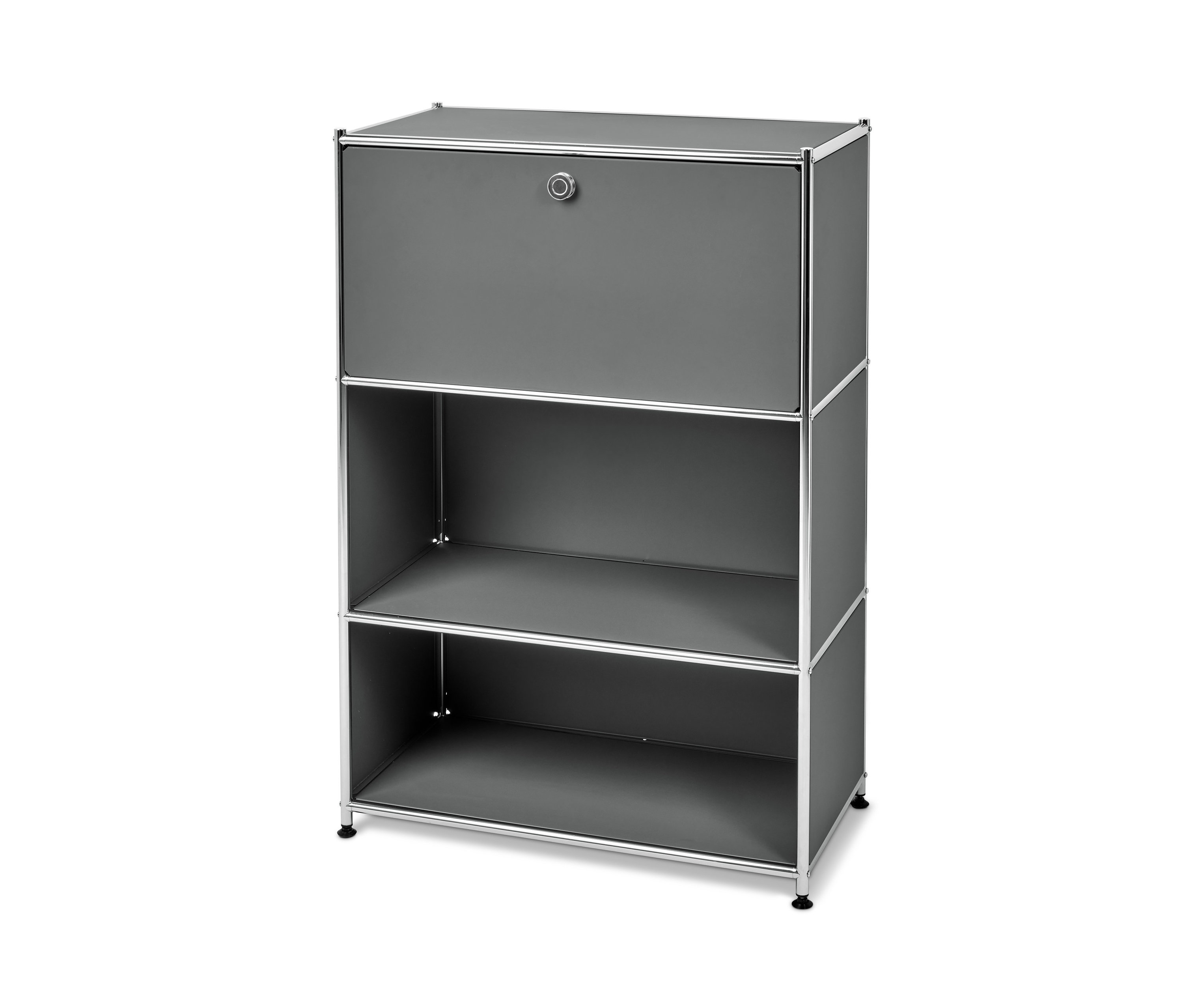 Sivá kovová skrinka »CN3« so sklopným stolom a dvoma otvorenými policami.