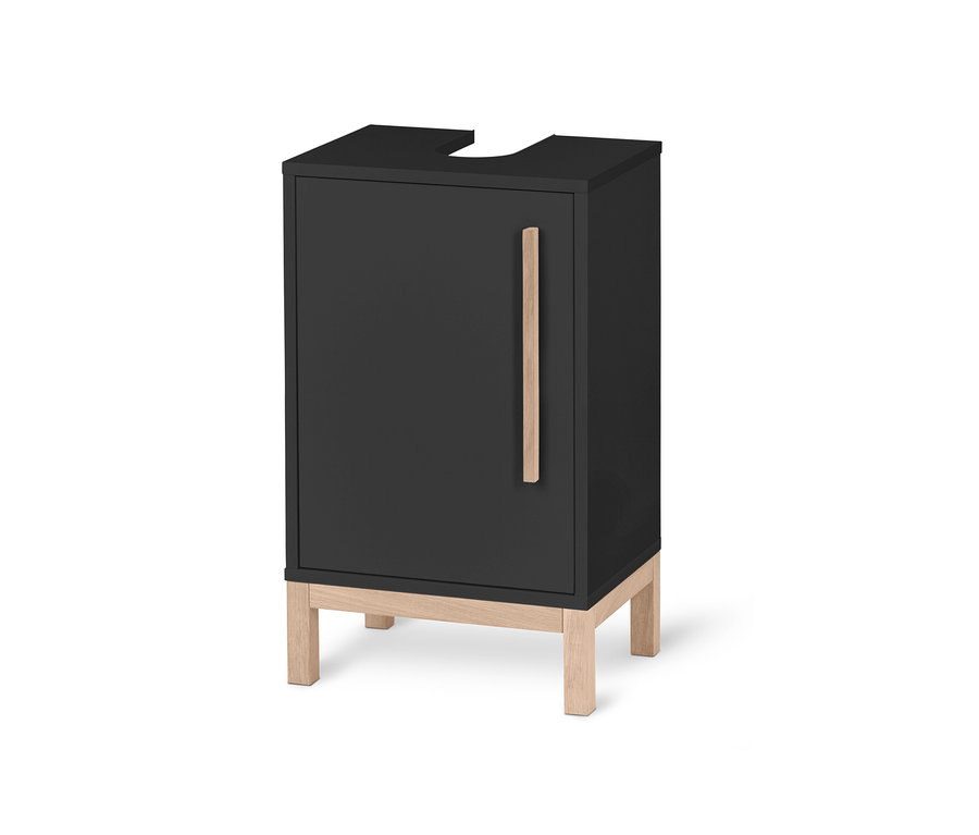 Antracitová malá skrinka pod umývadlo Eklund s jednými dvierkami a drevenou rúčkou.