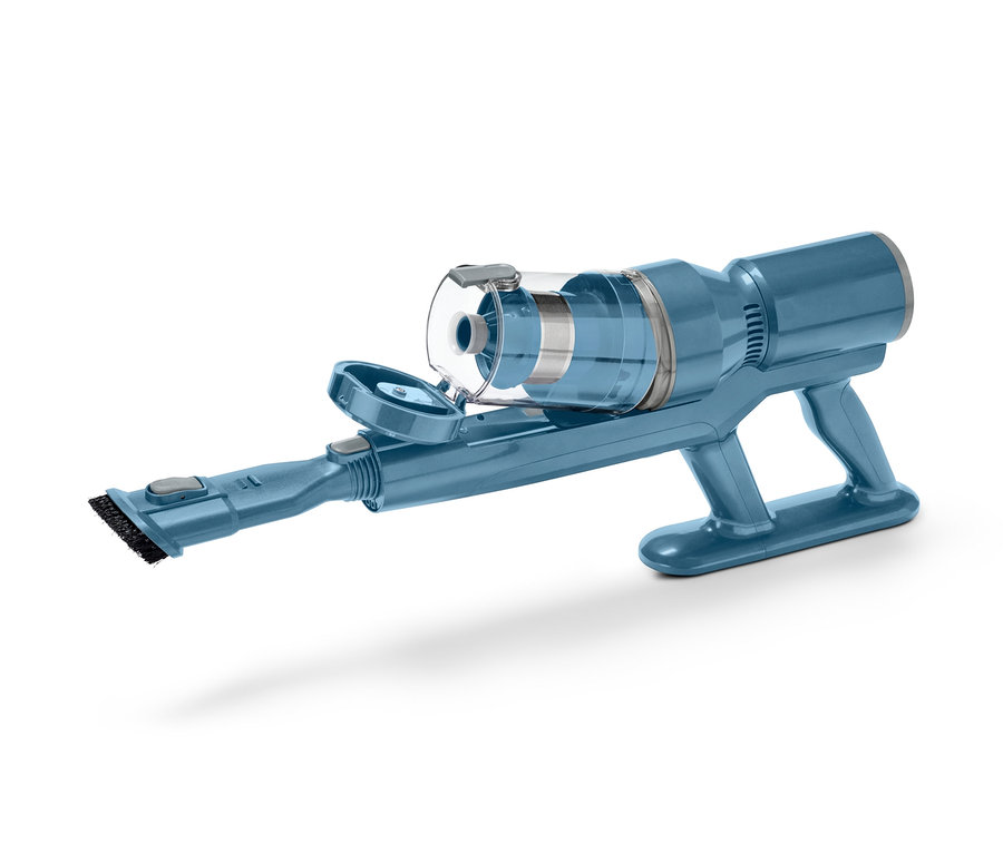 Modrý digitálny akumulátorový vysávač leží na boku.