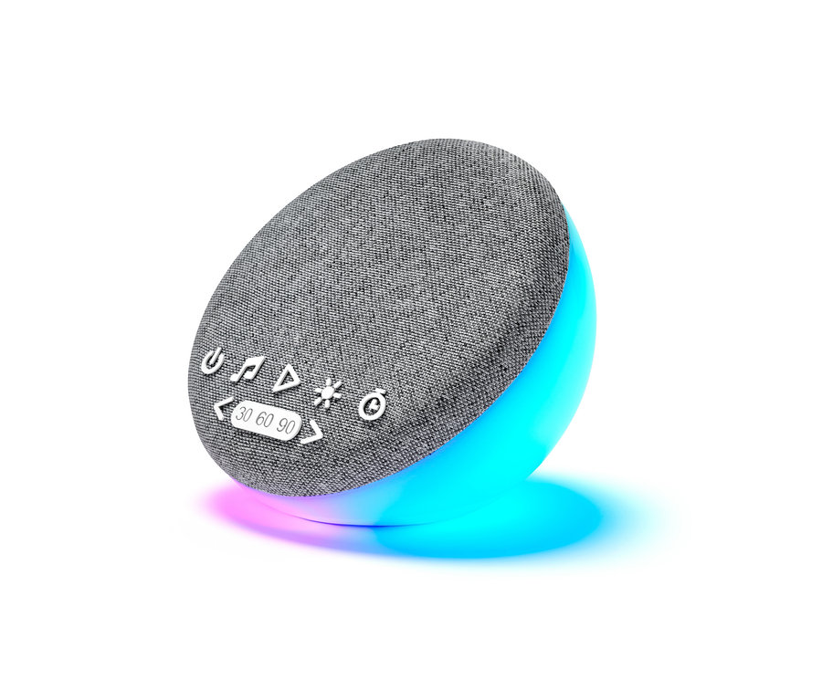 Sivá pomôcka na zaspanie s reproduktorom a zvukmi prírody na bielom pozadí.