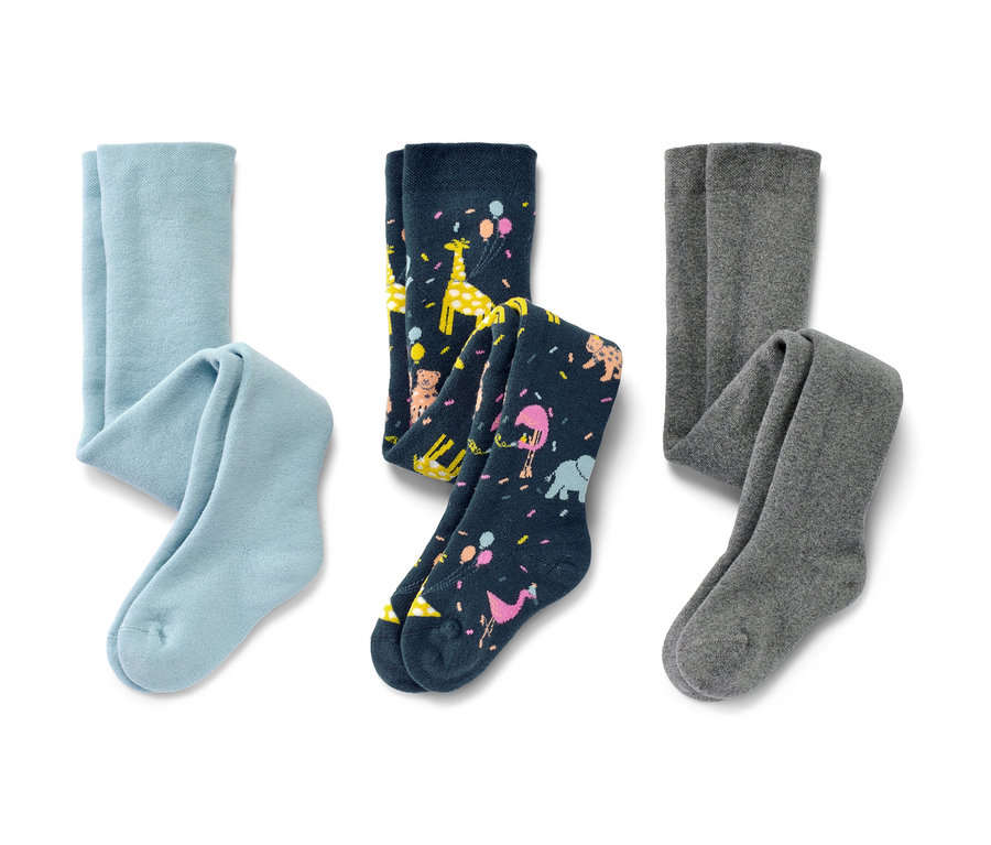 Na obrázku sú dvoje detské termopančuchy, 3 ks. Jedny sú svetlo modré, druhé tmavomodré so zvieracou potlačou a tretie sivé.