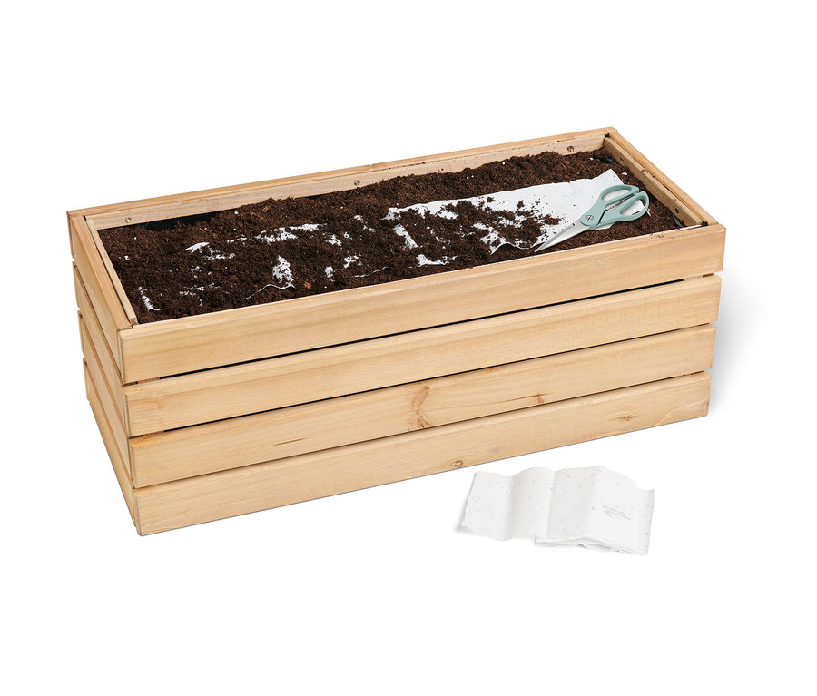 Drevený kvetináč s hlinou, kvetinovým kobercom a nožnicami. Kvetinový koberec Včelia lúka je v kvetináči.