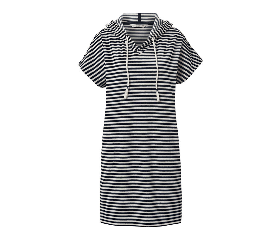 Modro-biele pásikavé plážové froté šaty s kapucňou a krátkymi rukávmi.