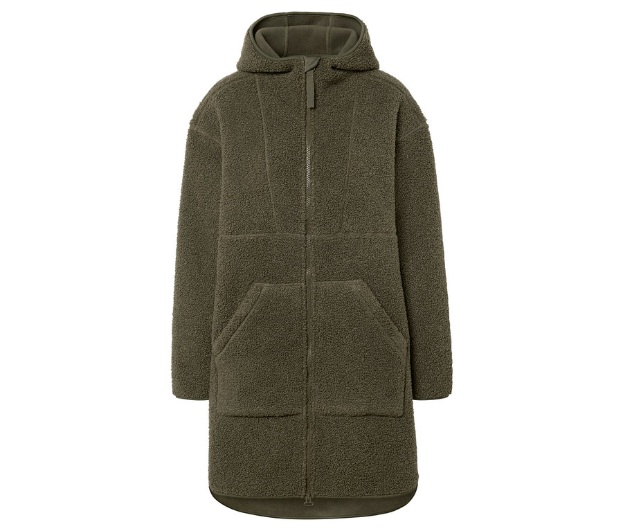 Zelený huňatý kabát s kapucňou a zipsom uprostred.