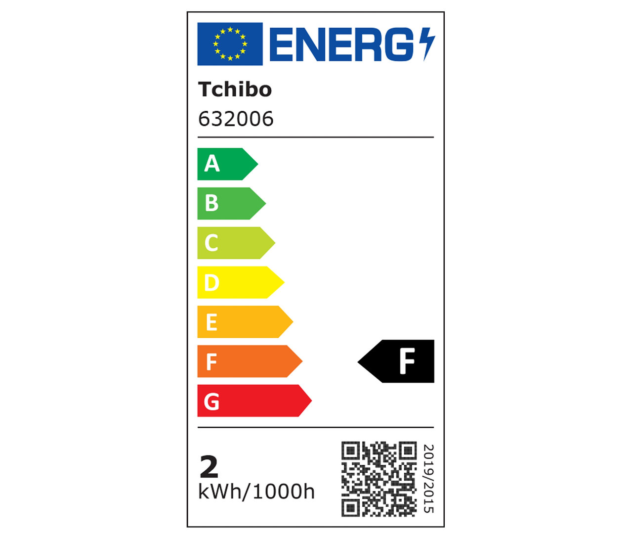 Energetický štítok Tchibo 632006 s triedou F, spotrebou 2 kWh/1000h a QR kódom.