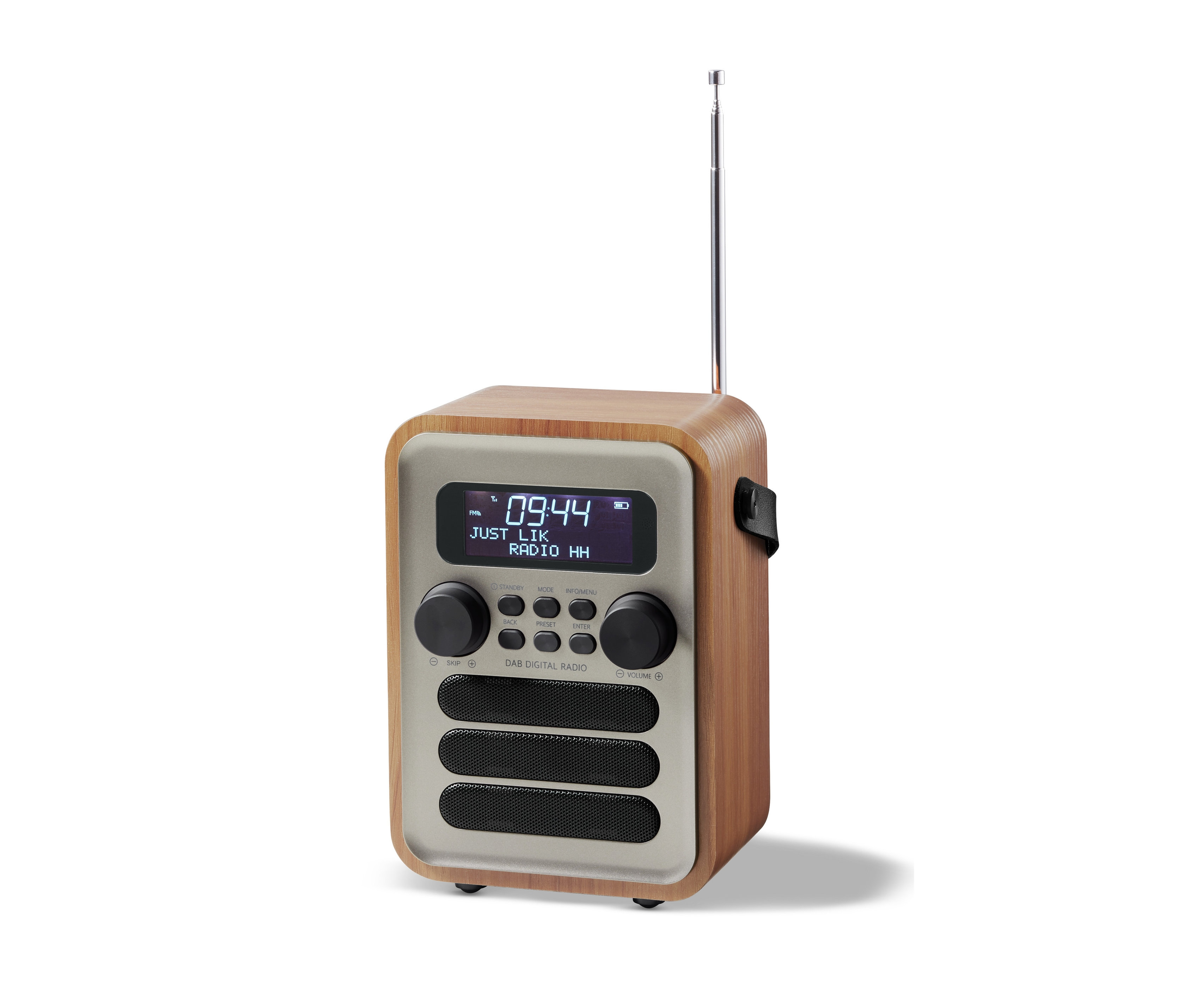 DAB+ digitálne rádio s dreveným rámom a anténou.