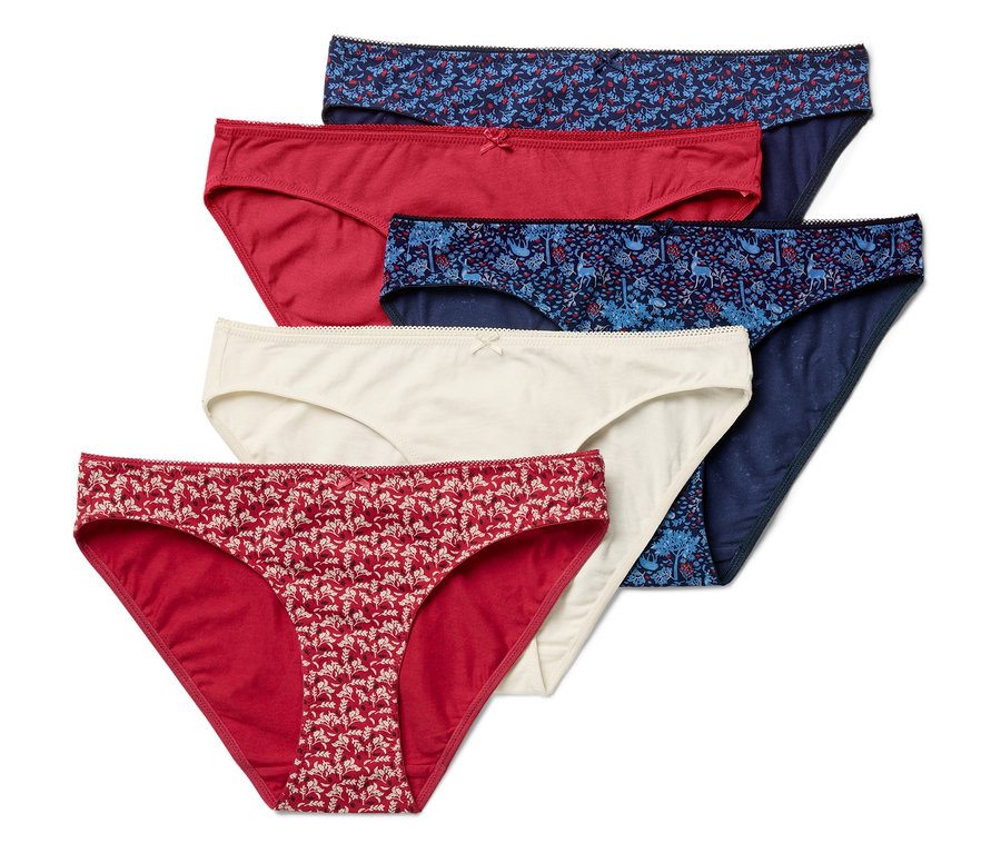 Päť dámskych nohavičiek rôznych farieb a vzorov leží na sebe.